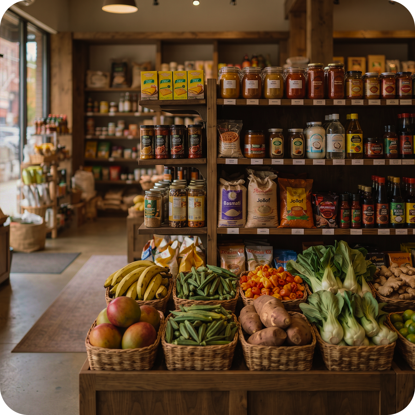 Shelves and baskets of fresh groceries in a local store